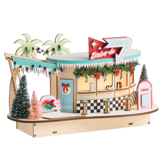 World Market Mid-Century Modern Drive In LED Christmas Decor Laser Cut Wood NEW - Picture 2 of 8